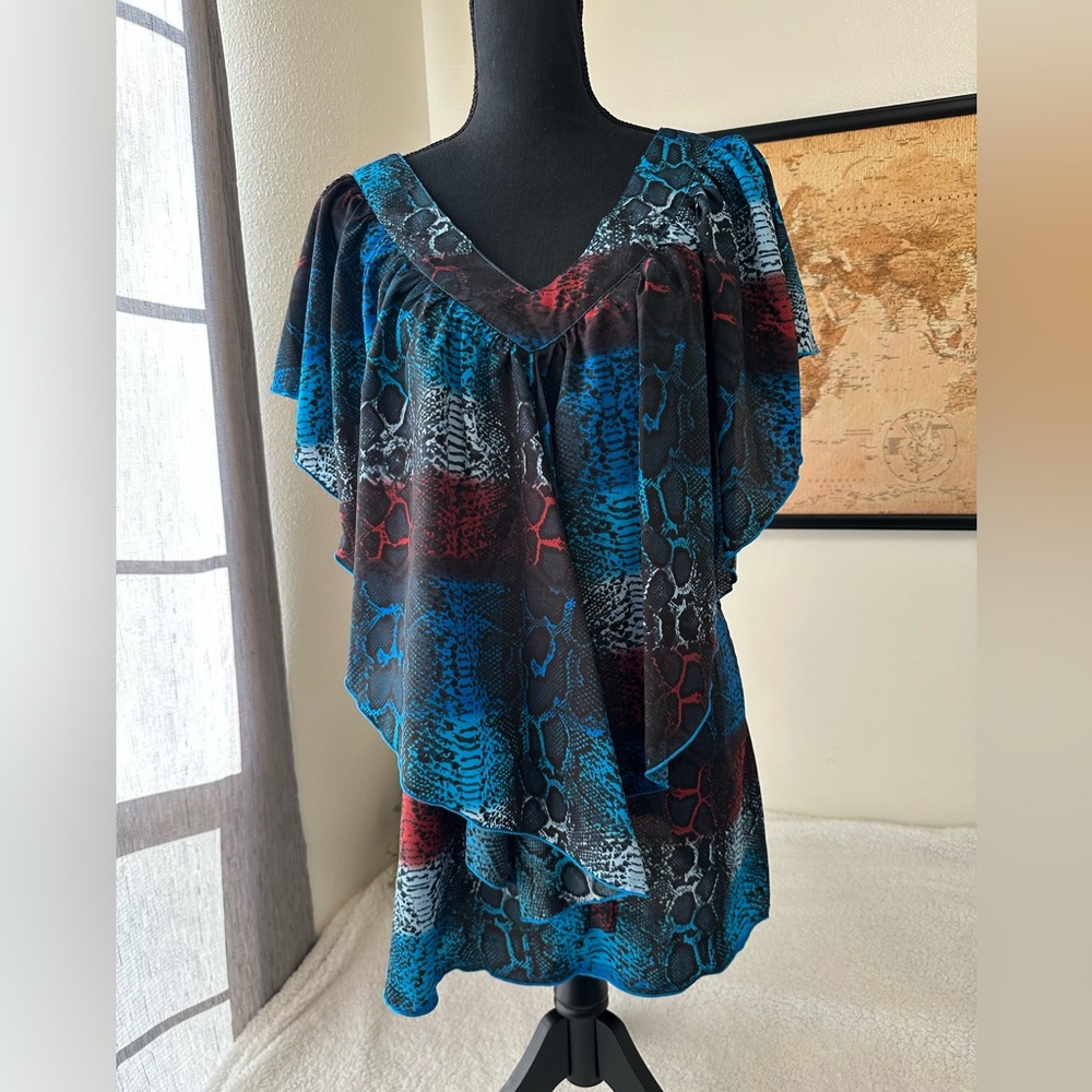 Passports double v-neck ruffle blouse